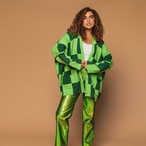 LALA ORIGINAL: Love You Oversized Checkerboard Cardigan in Green